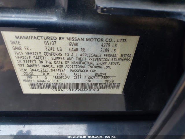 2007 NISSAN ALTIMA 2.5 S VIN: 1N4AL21E77N474984