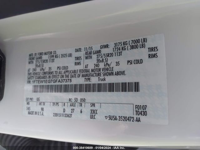1FTEW1EG7GFA37375 Ford F-150 Platinum