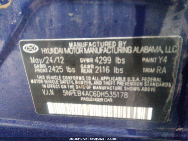 2013 HYUNDAI SONATA GLS VIN: 5NPEB4AC6DH535178