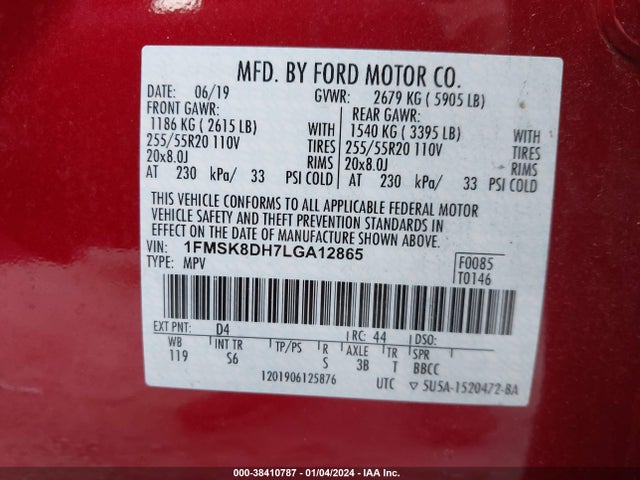 2020 FORD EXPLORER XLT VIN: 1FMSK8DH7LGA12865