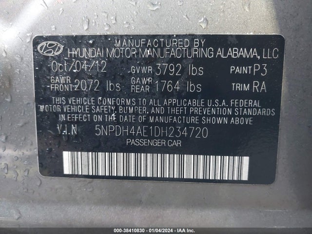 2013 HYUNDAI ELANTRA GLS VIN: 5NPDH4AE1DH234720