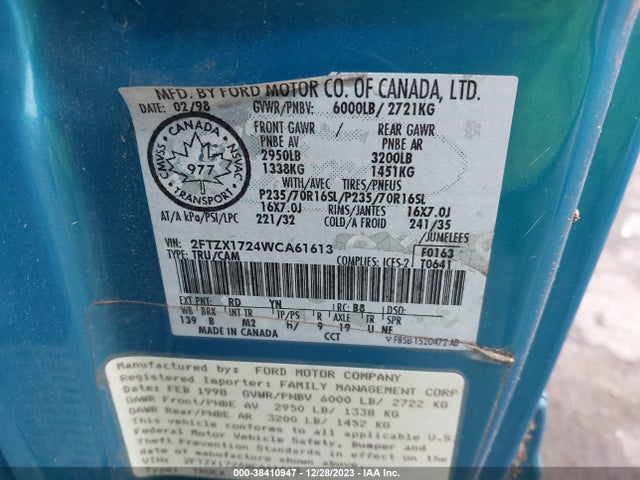 1998 FORD F-150 STANDARD/XL/XLT VIN: 2FTZX1724WCA61613