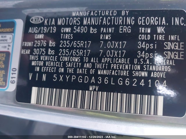 Продаж на аукціоні авто 2020 Kia Sorento 2.4l Lx, vin: 5XYPGDA36LG624104, номер лоту: 38411102