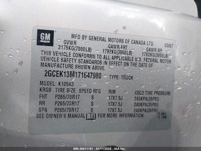 2007 CHEVROLET SILVERADO 1500 LTZ VIN: 2GCEK13M171647980