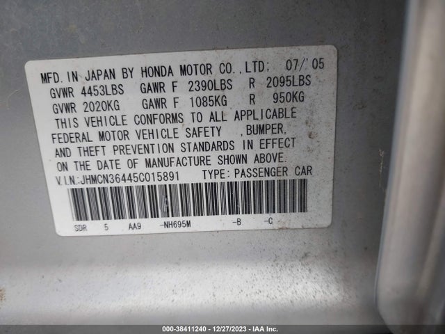 2005 HONDA ACCORD HYBRID IMA VIN: JHMCN36445C015891