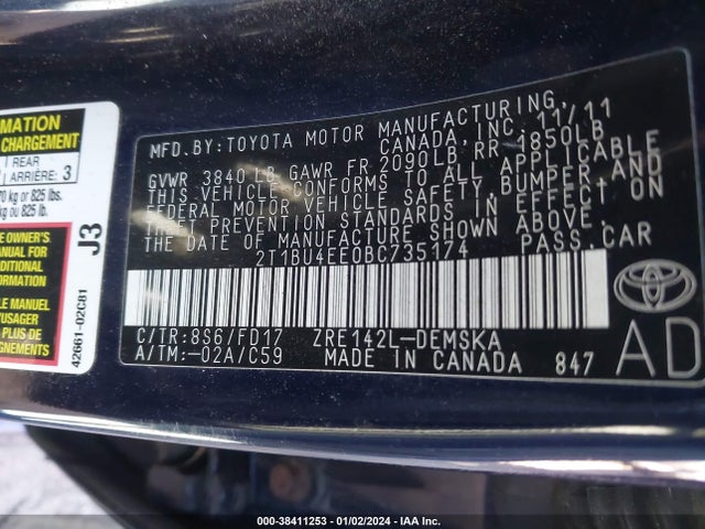 2011 TOYOTA COROLLA S VIN: 2T1BU4EE0BC735174