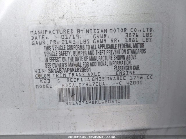 2019 NISSAN SENTRA SV VIN: 3N1AB7AP8KL620591