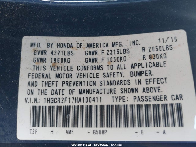1HGCR2F17HA100411 Honda Accord Sport Se