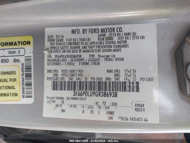 2016 FORD FUSION HYBRID SE VIN: 3FA6P0LU9GR386938