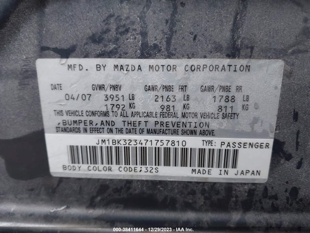 2007 MAZDA MAZDA3 S SPORT VIN: JM1BK323471757810