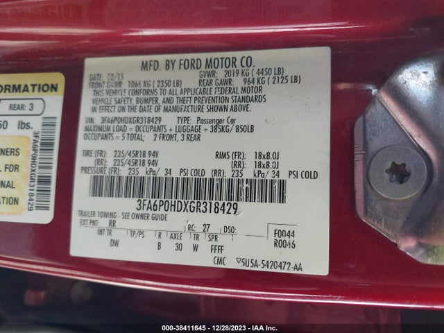 2016 FORD FUSION SE VIN: 3FA6P0HDXGR318429