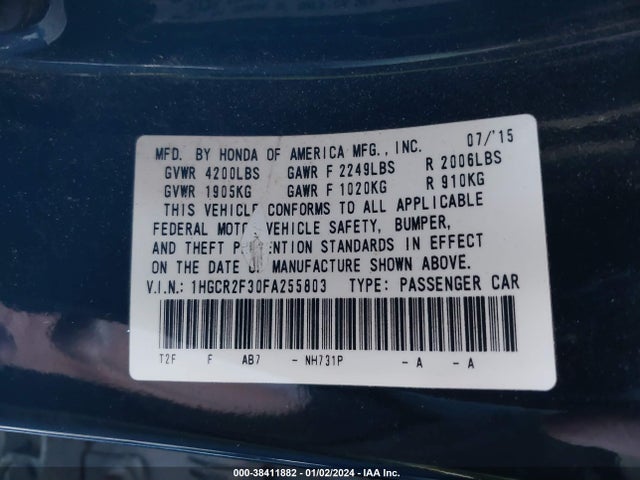 Honda ACCORD LX 2015 1HGCR2F30FA255803 Image 9
