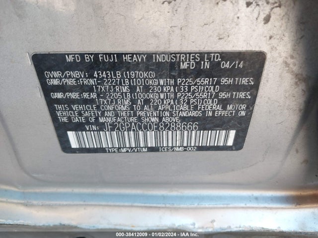 2014 SUBARU XV CROSSTREK 2.0I PREMIUM VIN: JF2GPACC0E8288666