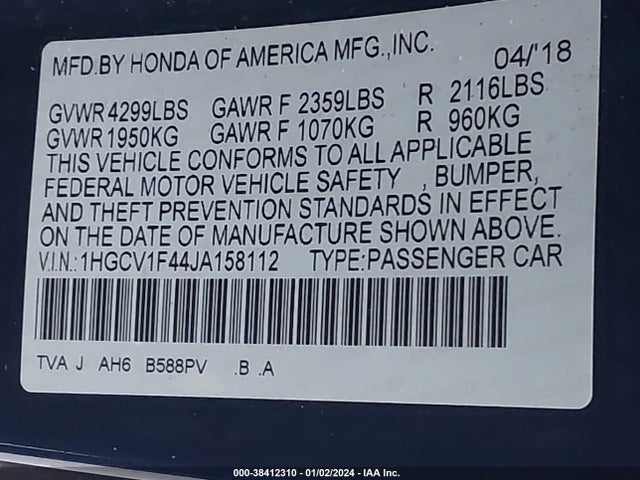 Honda ACCORD EX 2018 1HGCV1F44JA158112 Image 9
