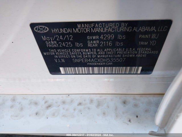 2013 HYUNDAI SONATA GLS VIN: 5NPEB4ACXDH535507