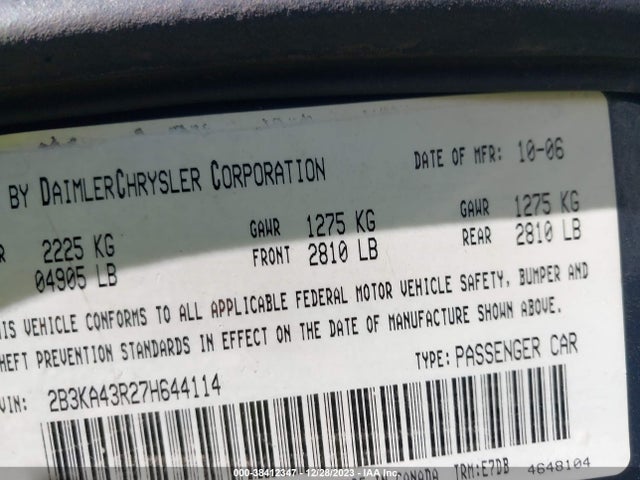2007 DODGE CHARGER VIN: 2B3KA43R27H644114