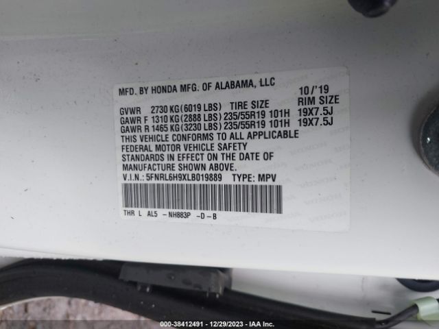 5FNRL6H9XLB019889 Honda Odyssey Elite
