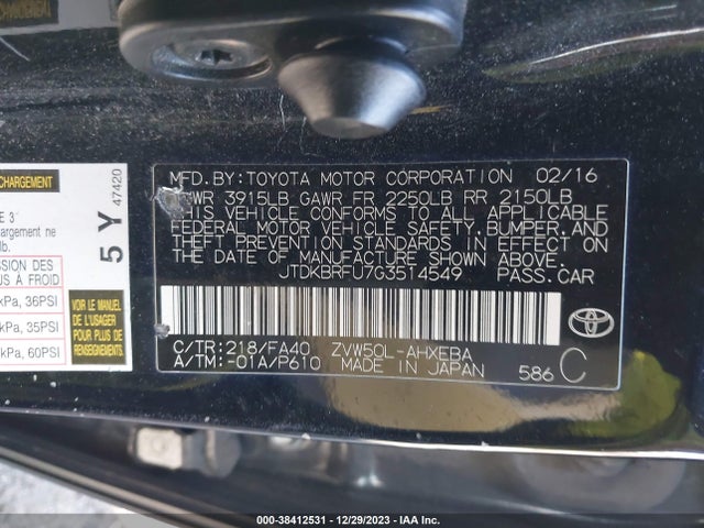 Toyota Prius Two 2016 JTDKBRFU7G3514549 Image 9