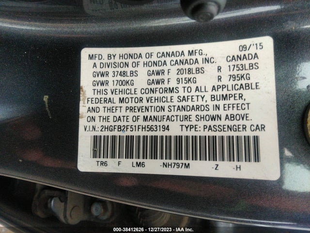 Honda Civic Lx 2015 2HGFB2F51FH563194 Image 9