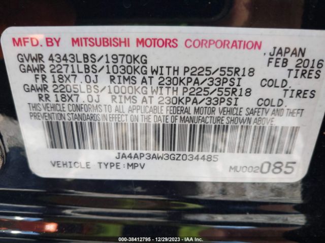 JA4AP3AW3GZ034485 Mitsubishi Outlander Sport 2.4 Es