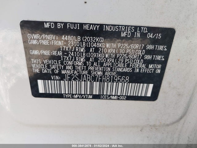2015 SUBARU FORESTER 2.5I VIN: JF2SJABC7FH819568