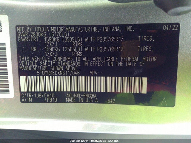 Toyota SIENNA XLE 2022 5TDYRKECXNS117046 Image 9
