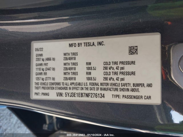 5YJ3E1EB7NF276134 Tesla Model 3 Long Range Dual Motor All-wheel Drive