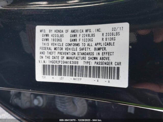 Honda ACCORD LX 2017 1HGCR2F35HA163699 Image 9
