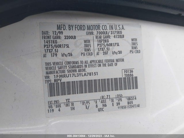 2000 FORD EXPEDITION EDDIE BAUER VIN: 1FMRU17L3YLA78151