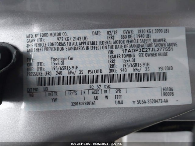 2018 FORD FOCUS S VIN: 1FADP3E27JL277551