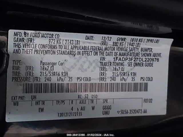 2013 FORD FOCUS SE VIN: 1FADP3F27DL220978