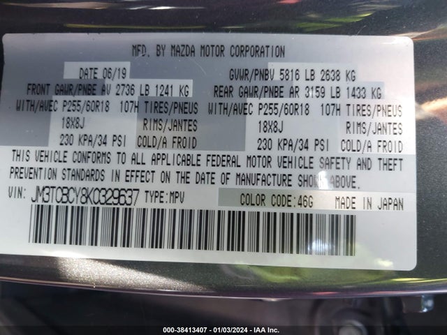 2019 MAZDA CX-9 TOURING VIN: JM3TCBCY8K0329637