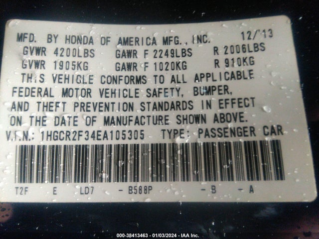Honda ACCORD LX 2014 1HGCR2F34EA105305 Image 9