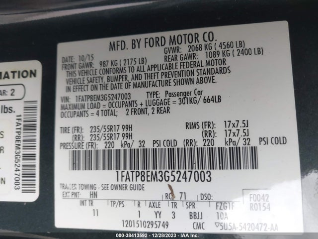 2016 FORD MUSTANG VIN: 1FATP8EM3G5247003