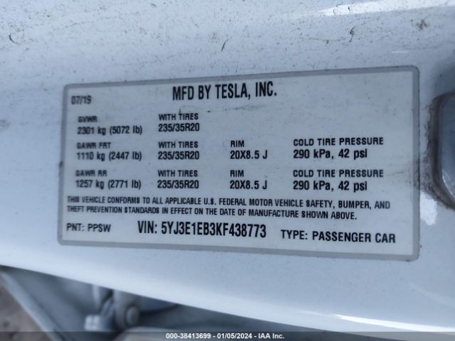 5YJ3E1EB3KF438773 Tesla Model 3 Long Range/performance
