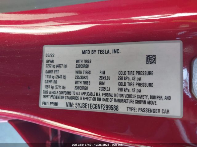 5YJ3E1EC6NF299588 Tesla Model 3 Performance Dual Motor All-wheel Drive
