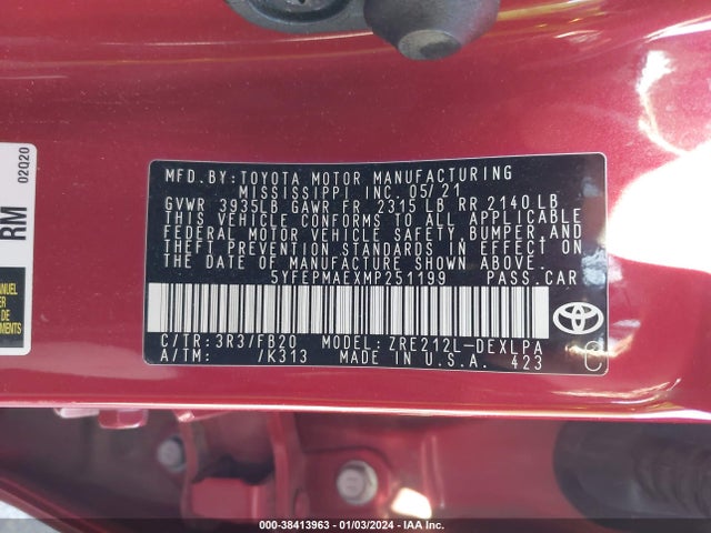 2021 TOYOTA COROLLA LE VIN: 5YFEPMAEXMP251199