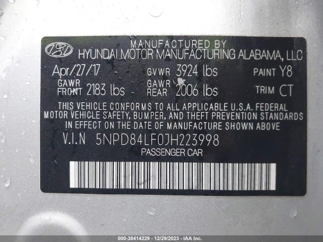 2018 HYUNDAI ELANTRA SEL VIN: 5NPD84LF0JH223998