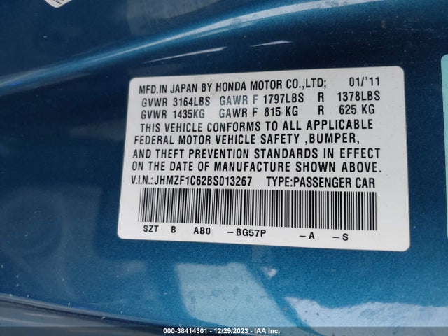2011 HONDA CR-Z EX VIN: JHMZF1C62BS013267