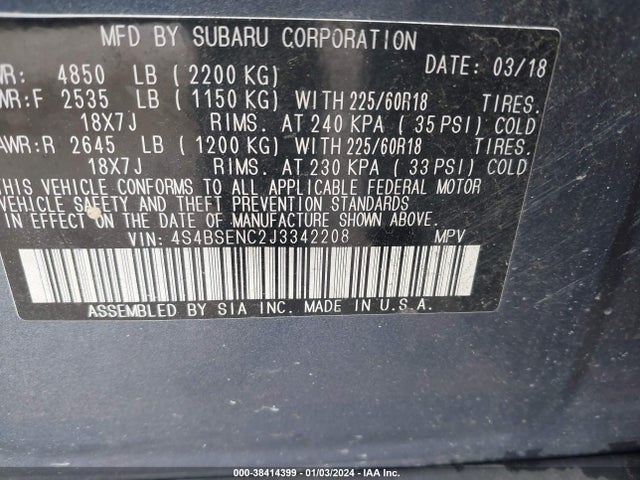2018 SUBARU OUTBACK 3.6R LIMITED VIN: 4S4BSENC2J3342208