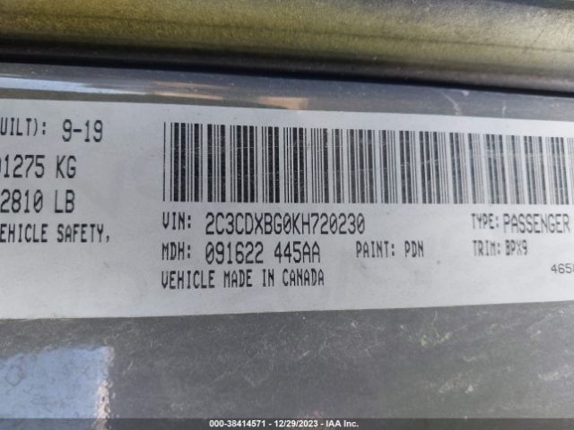 2C3CDXBG0KH720230 Dodge Charger Sxt Rwd