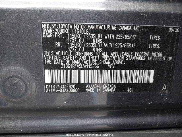 2020 TOYOTA RAV4 LE VIN: 2T3G1RFV5LW115356