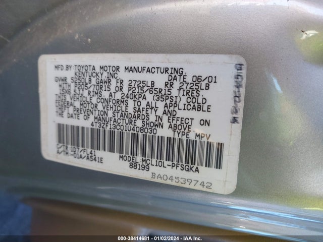 2001 TOYOTA SIENNA XLE VIN: 4T3ZF13C01U408030