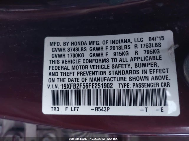 2015 HONDA CIVIC LX VIN: 19XFB2F56FE251902