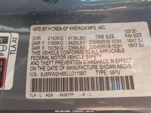 Honda Cr-v Awd Ex-l 2020 5J6RW2H85LL011987 Image 9