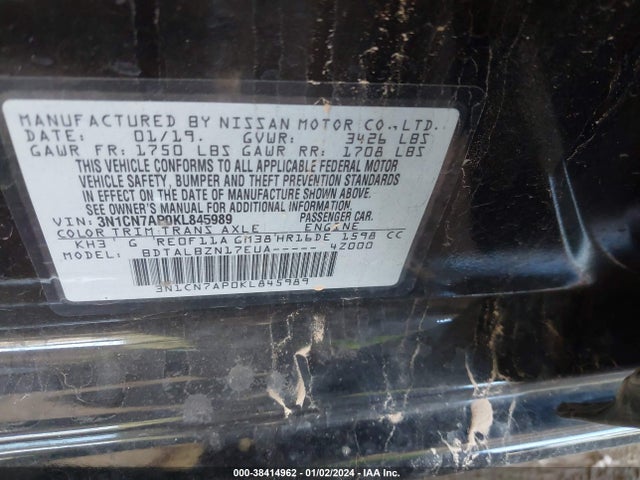 3N1CN7AP0KL845989 Nissan Versa 1.6 Sv