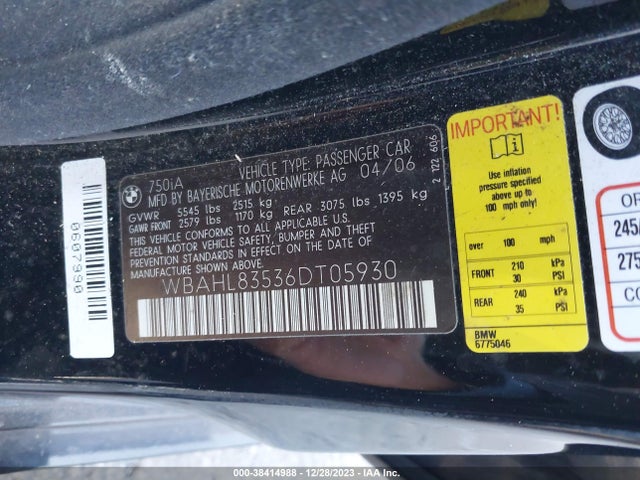 2006 BMW 750I VIN: WBAHL83536DT05930
