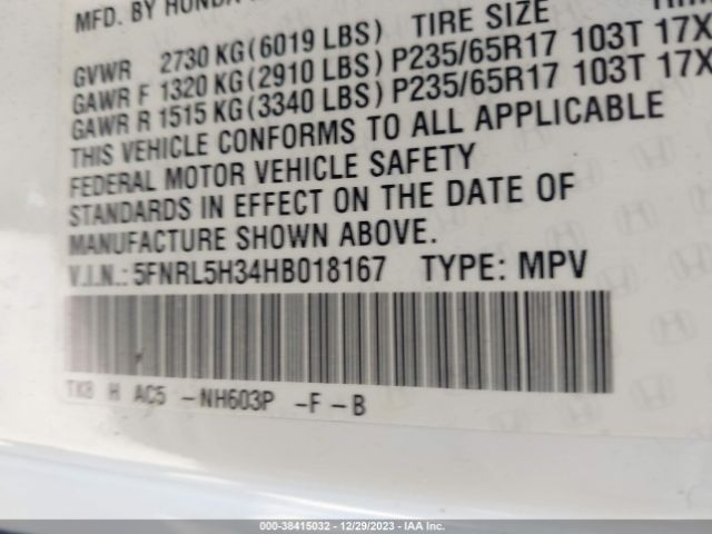 5FNRL5H34HB018167 Honda ODYSSEY SE