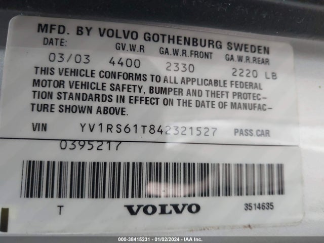 Продаж на аукціоні авто 2004 Volvo S60 2.4, vin: YV1RS61T842321527, номер лоту: 38415231