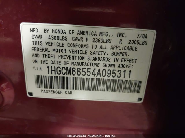 2004 HONDA ACCORD 3.0 EX VIN: 1HGCM66554A095311
